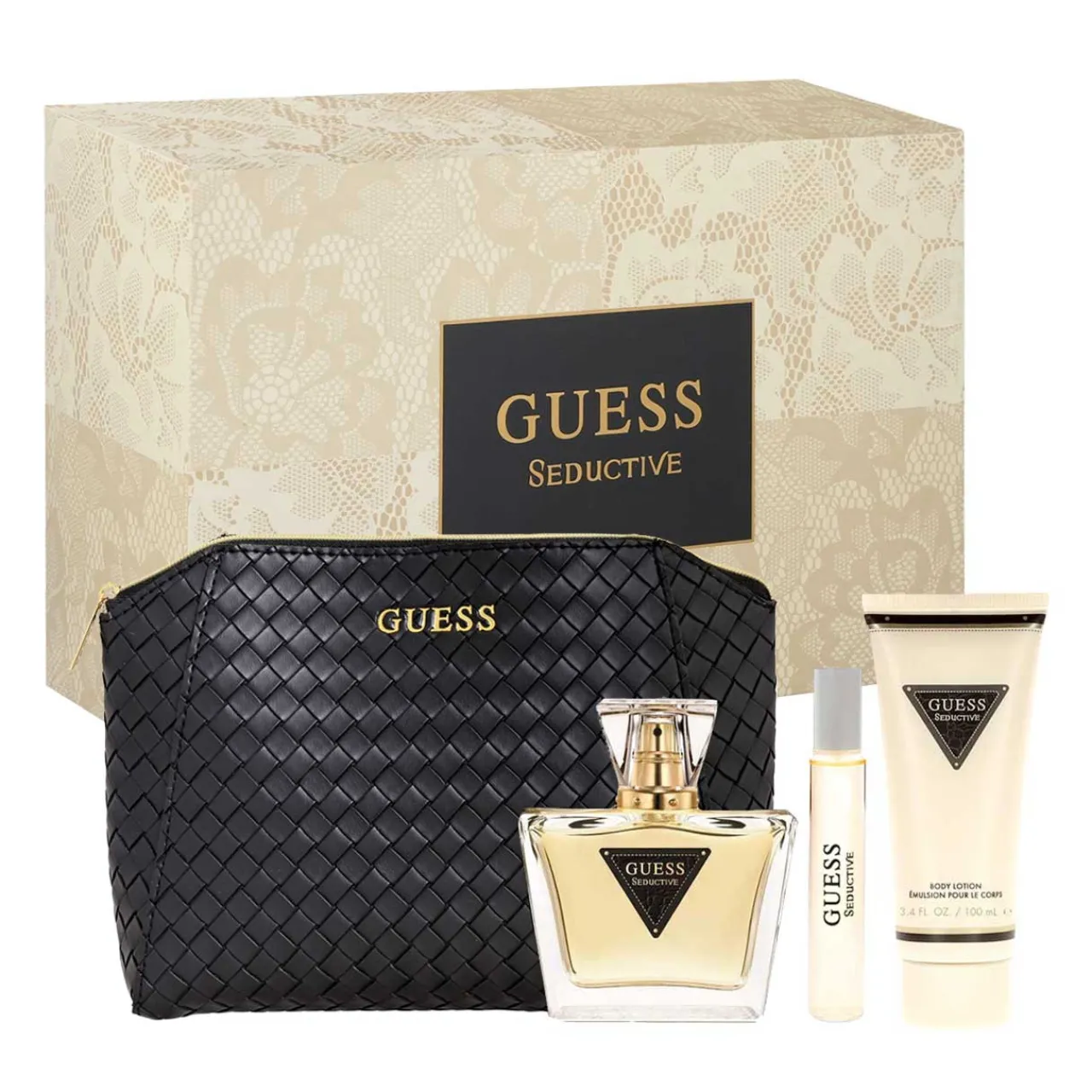 Seductive Set 4 Piezas Dama EDT 75ml + Locion Corporal 100 ml + Cosmetiquera + Miniatura 15ml-Guess Clearance